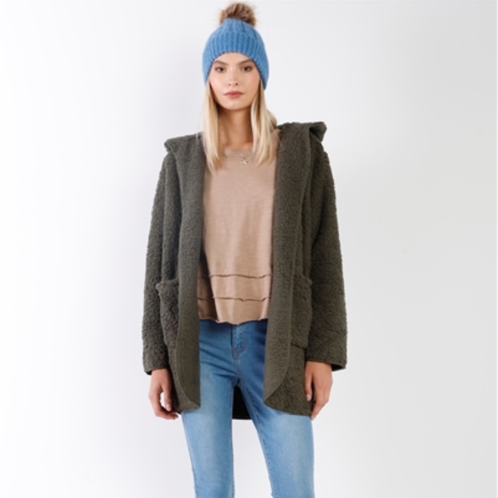 Cozy Olive Oversized Teddy Hoodie Cardigan Sherpa Jacket